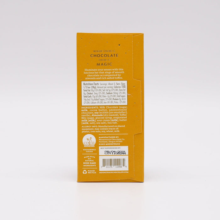 Moonstruck Chocolate Bar: Crunchy Milk Chocolate Salted Toffee 3oz