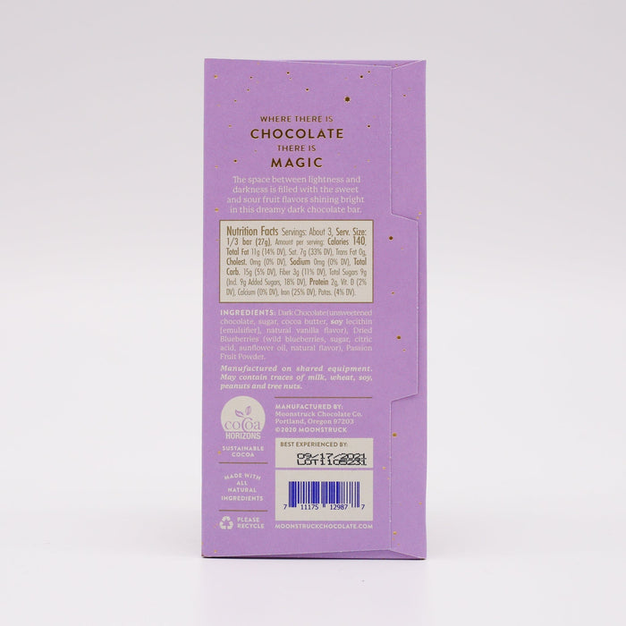 Moonstruck Chocolate Bar: Dark Chocolate Blueberry Passion Fruit 3oz